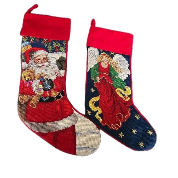 Christmas Wool Needlepoint Velvet Holiday Stocking Angel & Santa Red Decor Vtg - Picture 1 of 6